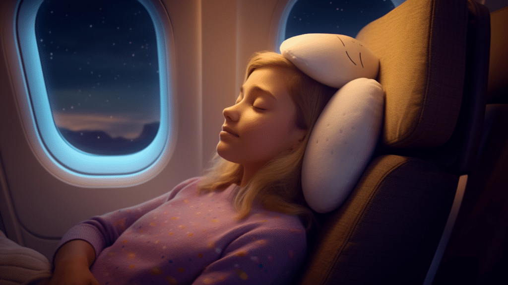 A girl using a travel pillow on a plane