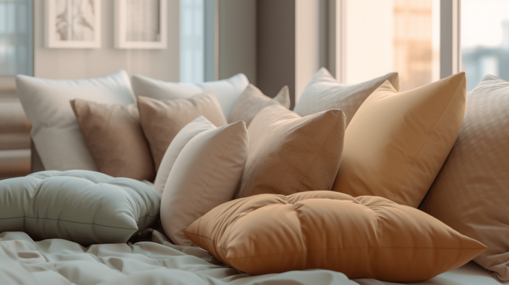 A variety of plush down pillows in different sizes and colors