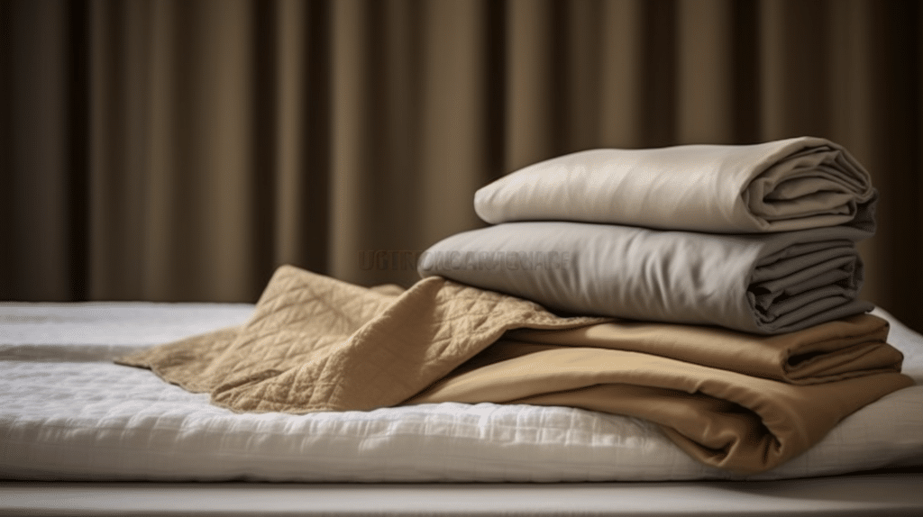 a bed with various types of sheets, such as cotton, linen, and silk, with contrasting thread counts