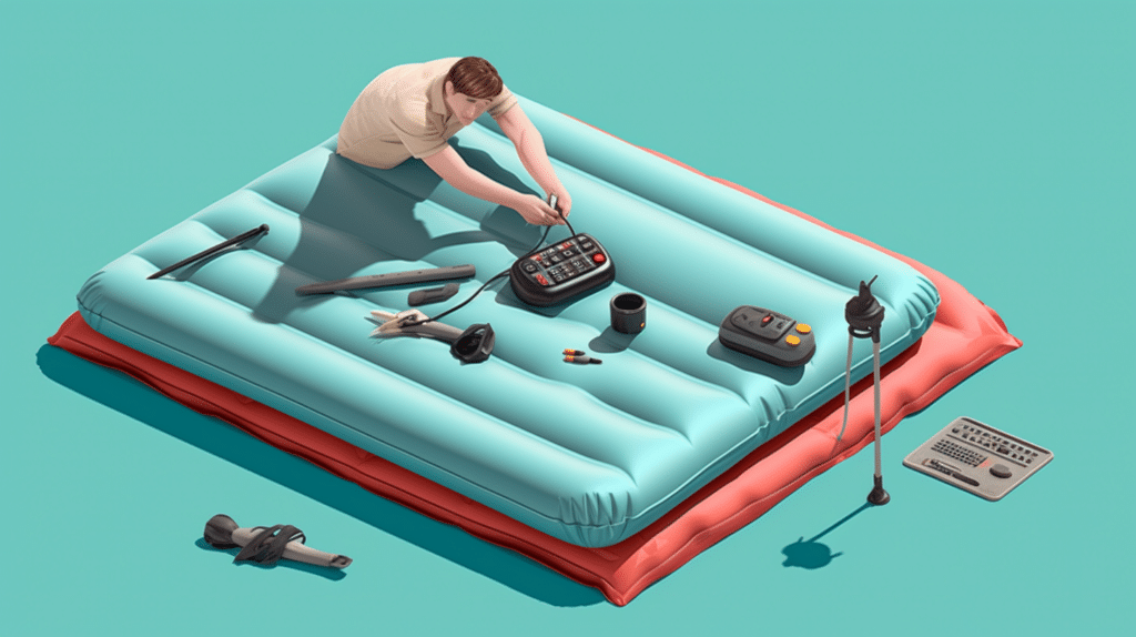 A pair of hands delicately positioning a patch on an air mattress